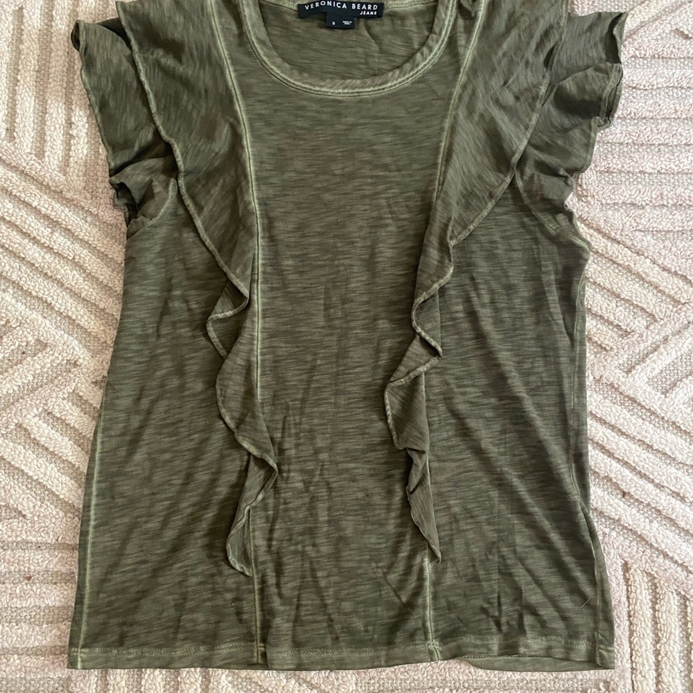 Veronica Beard Green Olive Ruffle Sleeve Tee